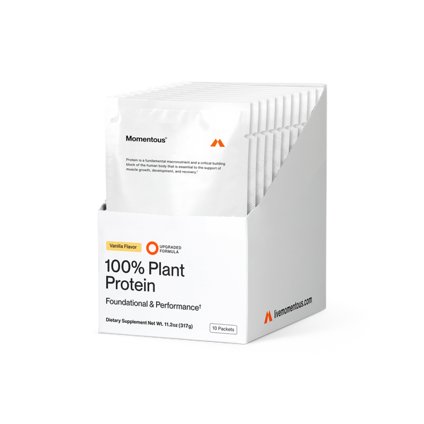 Box of 100% Plant Protein 10-Travel Packs in vanilla flavor, featuring a clean white design highlighting wellness supplements for muscle support and recovery.