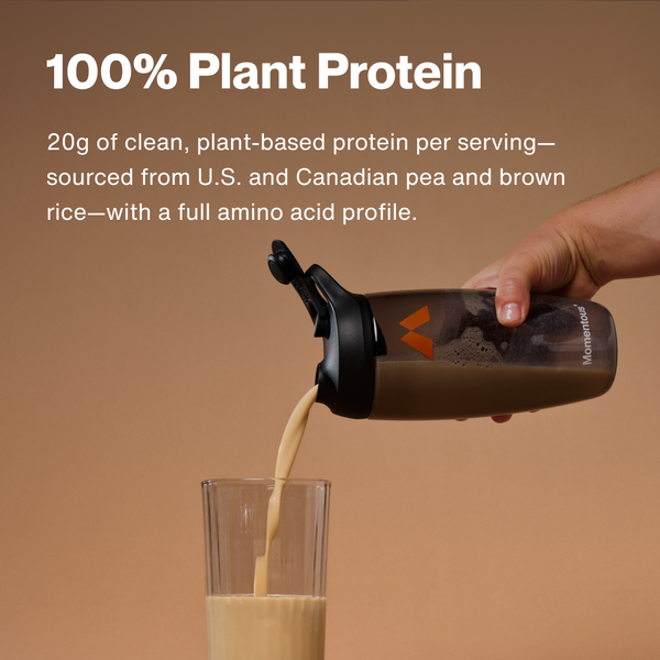 100% Plant Protein Powder being poured into a glass with plant based protein messaging and 20g per serving for wellness supplements