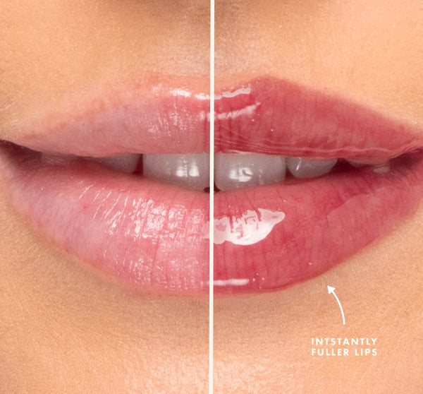 Close-up of lips showing before and after effects of Plump Up Pretty Peptide Lip Treatment | Farmhouse Fresh, highlighting visibly fuller, glossier, and hydrated lips.