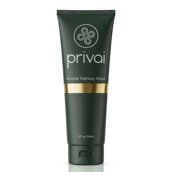 Tube of Muscle Therapy Lotion | Privai in dark green packaging with gold accent, designed for soothing muscle relief and body care wellness.
