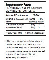 Supplement facts label showing ingredients and nutritional information for Pure Beauty Water Infusion Drops - Berry Lemonade | Pure Inventions, highlighting vitamin C, biotin, cucumber powder, and hyaluronic acid content for skincare and wellness.