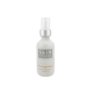White frosted bottle with a silver pump and label displaying Pure Oxygen Serum | Skin Fitness Therapy high-performance facial oil for skincare.