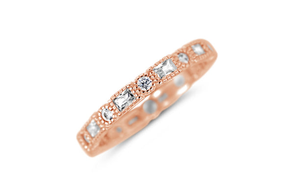 Rose gold ring adorned with small square and round clear stones in a delicate vintage-inspired design, Serene Beauty Ring | Little Sparkles.