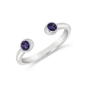 Jelly Tots Ring | Little Sparkles featuring a sleek silver open band with two round deep purple stones on each end, offering a modern and elegant look.