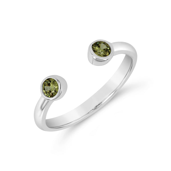 Jelly Tots Ring | Little Sparkles featuring an open silver band with two round green stones at each end, offering a modern and elegant accessory design.