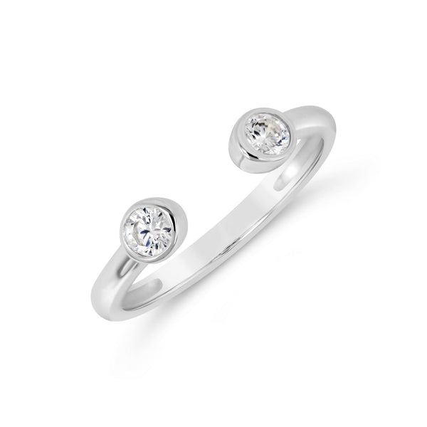 Jelly Tots Ring | Little Sparkles featuring an elegant open silver band with two bezel-set clear sparkling stones for a minimalist and modern look.