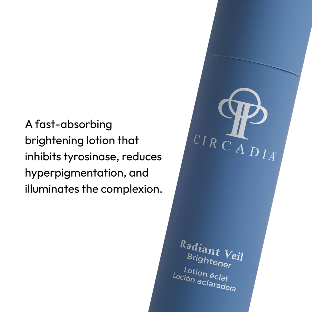 Blue cylindrical skincare bottle with white text displaying Radiant Veil Brightener (formerly White Veil Brightener) | Circadia, emphasizing a clean and elegant design for wellness and body care.