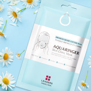 Aquaringer Skin Clinic Mask | Leaders packaged in light blue with chamomile flowers on a pastel blue background, highlighting premium skincare and cotton mask features.