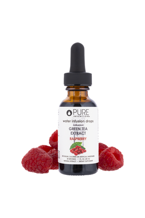 Bottle of Antioxidant Green Tea Extract Water Infusion Drops - Raspberry | Pure Inventions with fresh raspberries around the base, promoting a natural wellness supplement for hydration and vitality.