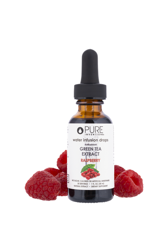 Bottle of Antioxidant Green Tea Extract Water Infusion Drops - Raspberry | Pure Inventions with fresh raspberries around the base, promoting a natural wellness supplement for hydration and vitality.