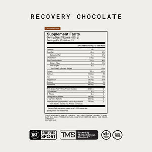 Supplement facts panel for Recovery wellness supplement in chocolate flavor, showing nutritional information and ingredient details with certifications for sport and GMO-free status.
