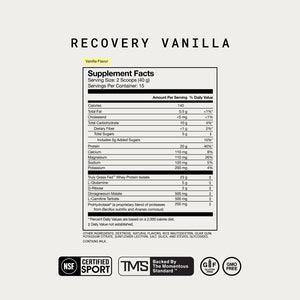 Supplement facts label for Recovery vanilla flavor wellness supplement showing serving size, calories, protein, vitamins, minerals, and key ingredients with certification icons.