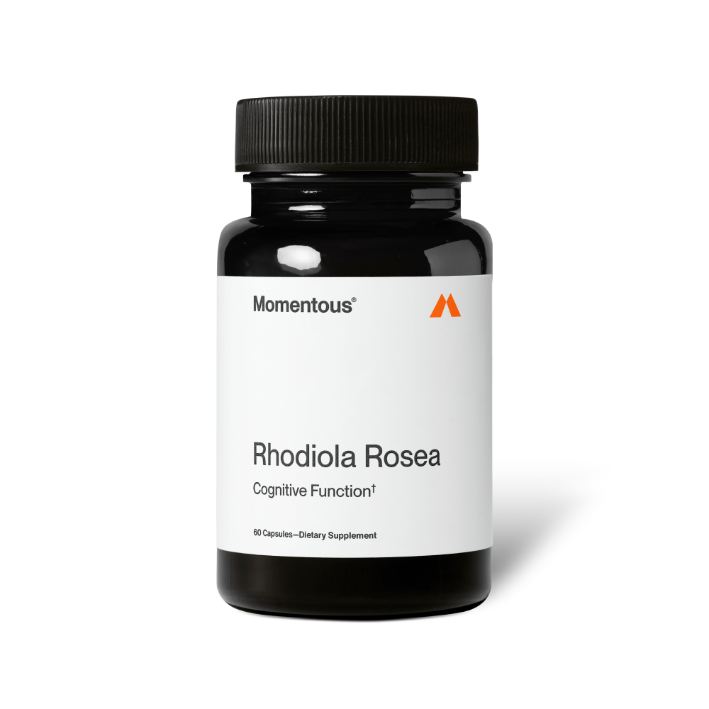Black bottle of Rhodiola Rosea dietary supplement capsules with a minimalist white label focused on cognitive function support.