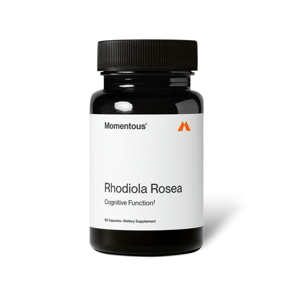Black bottle of Rhodiola Rosea dietary supplement capsules with a minimalist white label focused on cognitive function support.