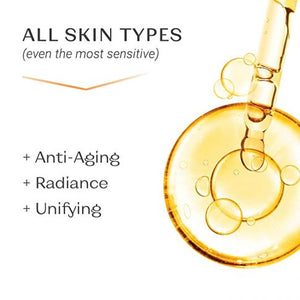 Close-up of golden serum droplets with a dropper, highlighting skincare benefits including anti-aging, radiance, and unifying properties for all skin types, featuring Serum C20 | Yon-Ka Paris.