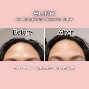 Comparison photo showing a forehead before and after using Slick Oil Absorbing Volcanic Roller [Removes Oil & Shine] | Dreambox Beauty to mattify and reduce shine for a smoother appearance.