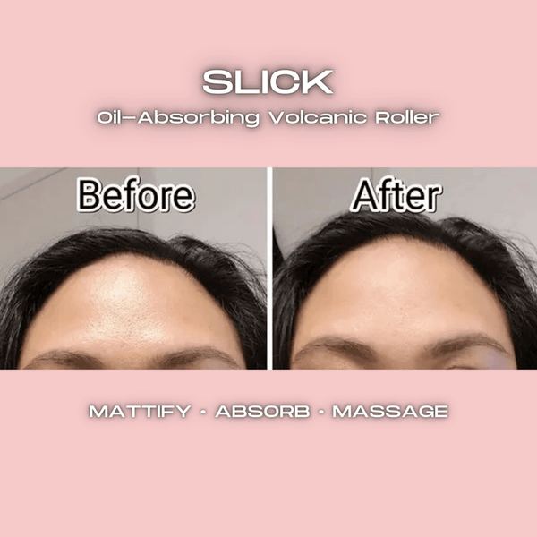 Comparison photo showing a forehead before and after using Slick Oil Absorbing Volcanic Roller [Removes Oil & Shine] | Dreambox Beauty to mattify and reduce shine for a smoother appearance.