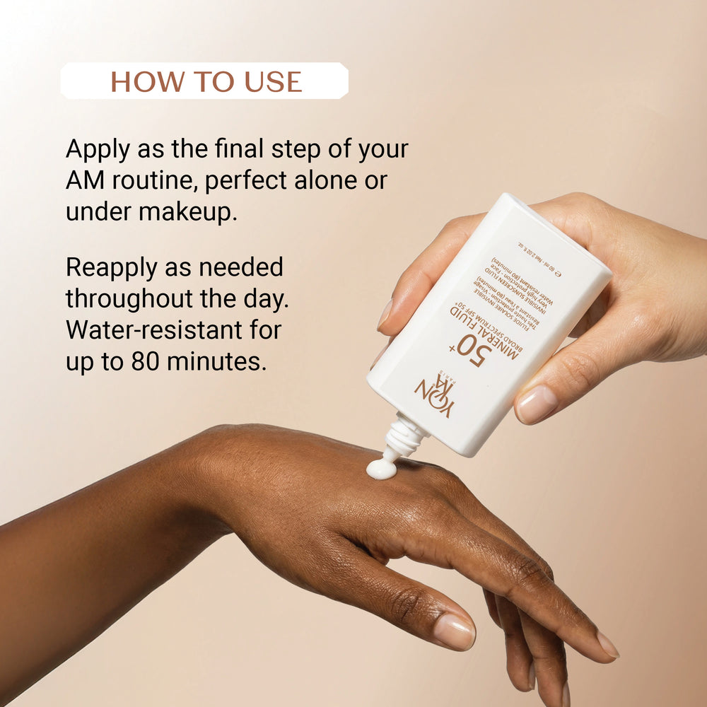 Bottle of SPF 50+ Mineral Fluid | YON-KA PARIS sunscreen with high protection, water-resistant formula designed for facial skincare.