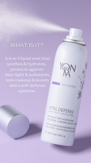 Vital Defense Mist | Yon-Ka Paris facial mist spraying fine hydration mist from a white bottle with purple accents on a lilac background, featuring soothing and protective skincare benefits.