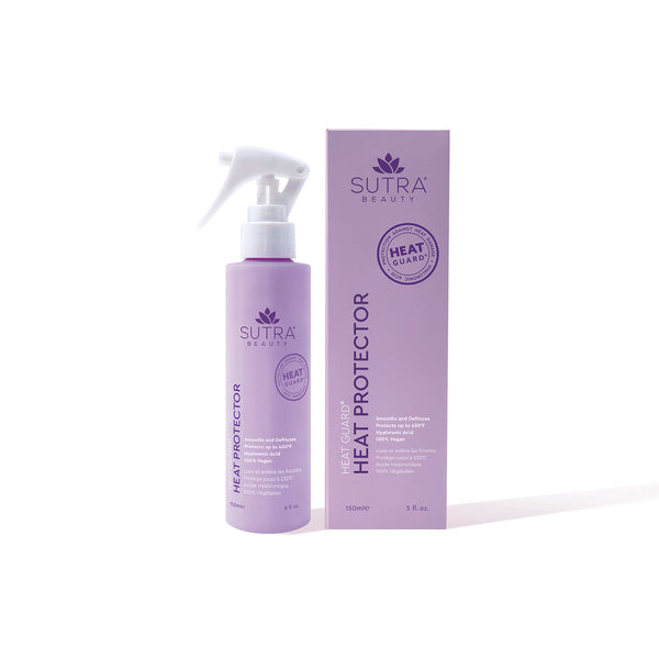 Sleek lavender spray bottle with matching box of Heat Guard Heat Protector | SUTRA, designed to protect hair from heat damage while adding softness and shine.