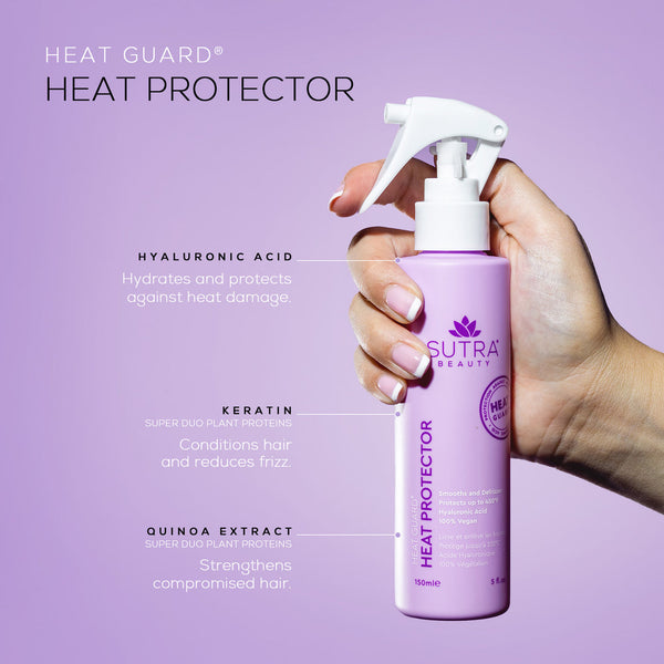 Hand holding a purple spray bottle of Heat Guard Heat Protector | SUTRA with text highlighting hyaluronic acid for hydration and heat protection, keratin for frizz reduction, and quinoa extract for strengthening hair.