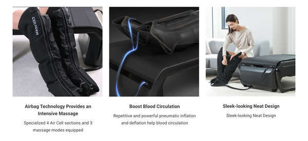 Close-up images showcasing the CERAGEM V6 Therapeutic Thermal Home Massager | Ceragem with airbag technology for an intensive massage, blood circulation boost, and sleek, modern design.