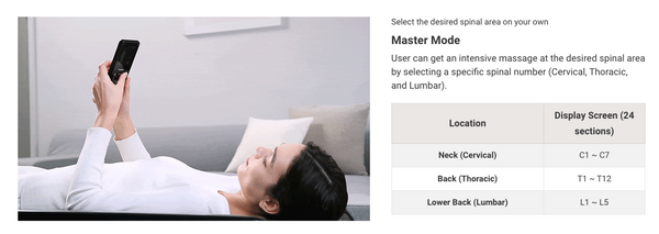 Woman lying down using CERAGEM V6 Therapeutic Thermal Home Massager | Ceragem, adjusting settings on a remote to target cervical, thoracic, or lumbar spine areas.