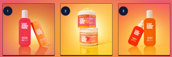 Three product images showcasing Get a Grip Face & Body Applicators | Crybaby Wax, with vibrant orange and pink packaging designed for skincare and body care use.