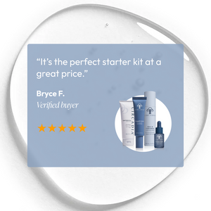 Customer review highlighting the Sensitive Regimen Bundle | Circadia as a perfect starter kit at a great price, with a five-star rating and images of the skincare products on a clear gel background.