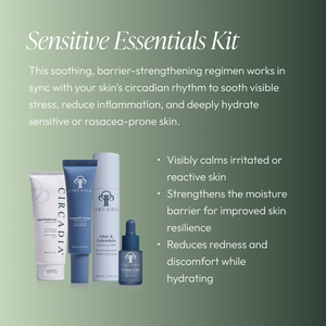 Set of four skincare products displayed on a green background with text describing a soothing barrier-strengthening regimen to calm, hydrate, and reduce redness for sensitive or rosacea-prone skin, labeled Sensitive Regimen Bundle | Circadia.