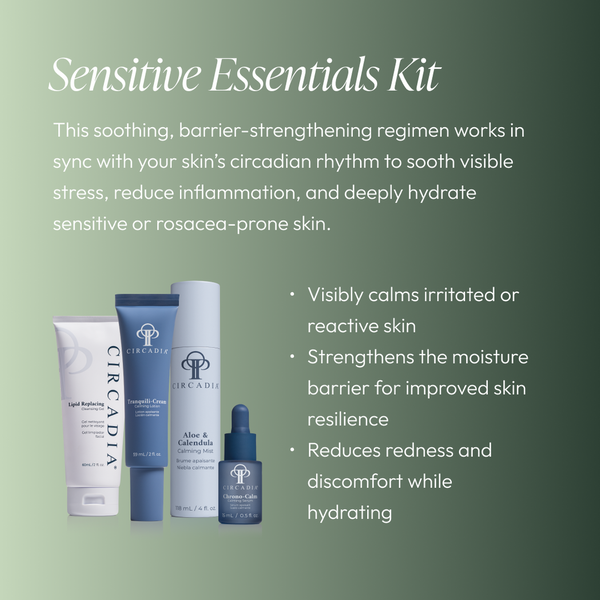 Set of four skincare products displayed on a green background with text describing a soothing barrier-strengthening regimen to calm, hydrate, and reduce redness for sensitive or rosacea-prone skin, labeled Sensitive Regimen Bundle | Circadia.