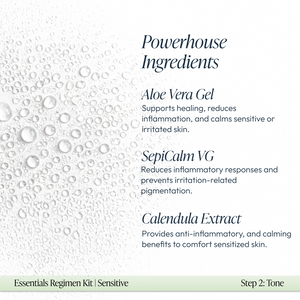 Text detailing powerhouse ingredients in the Sensitive Regimen Bundle | Circadia, including Aloe Vera Gel, SepiCalm VG, and Calendula Extract with soothing and anti-inflammatory benefits for sensitive skin.