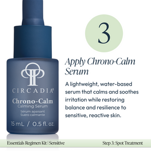 Blue bottle of Circadia Chrono-Calm Calming Serum with text describing it as a lightweight, water-based serum that soothes irritation and restores balance to sensitive skin, part of the Sensitive Regimen Bundle | Circadia.