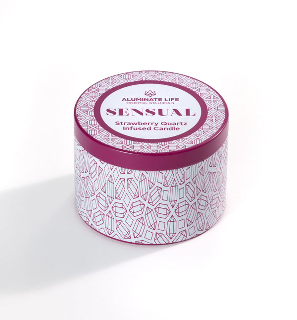 Sensual Candle Tin 6 oz | Aluminate Life featuring a strawberry quartz infused candle in a decorative pink and white patterned tin designed for a soothing wellness experience.