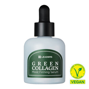 Bottle of Green Collagen Firming Serum | Leaders with a black dropper cap and green label indicating the product is vegan skincare.