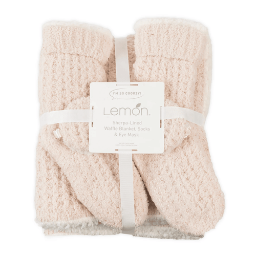 3pc Women's Sherpa Lined Cozy Waffle Set | Lemon featuring a soft sherpa-lined waffle knit blanket, matching socks, and an eye mask in a light beige color for ultimate comfort and warmth.