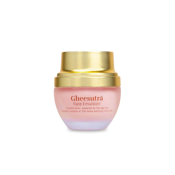 Gheesutra Face Emulsion | Shankara in a pink frosted jar with a gold lid, a skincare product designed for nourishing and revitalizing the skin.