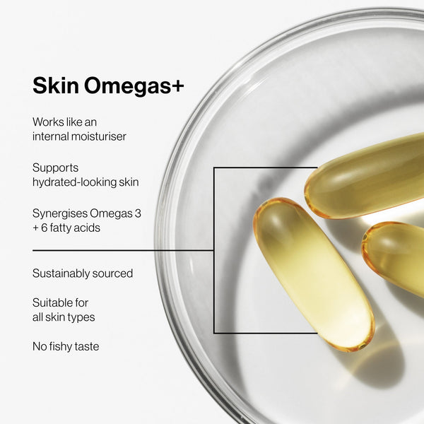 Clear capsules of Skin Omegas Supplement | Jane Iredale displayed on a white surface with text highlighting benefits like moisturizing, hydration support, omega synergy, sustainable sourcing, skin type suitability, and no fishy taste.
