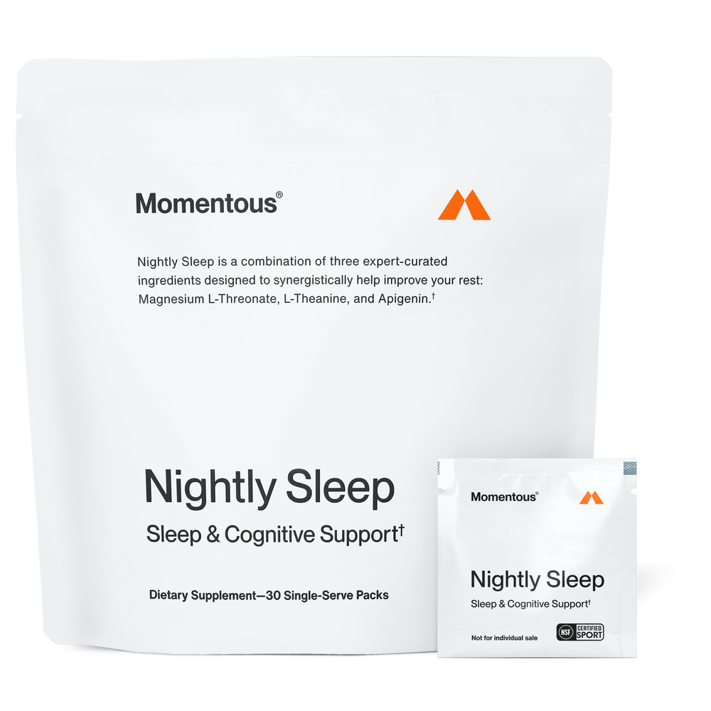 Nightly Sleep 30-Pack dietary supplement package and single-serve pack featuring ingredients for sleep and cognitive support to improve rest and wellness.