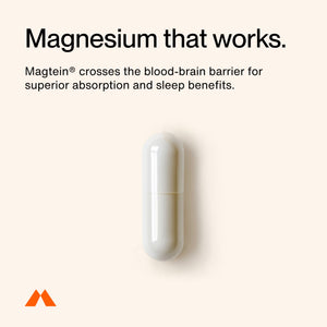 Magnesium L-Threonate capsule on a beige background with text describing Magtein absorption across the blood brain barrier and sleep benefits