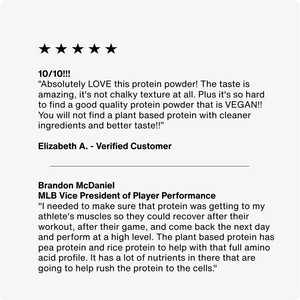 Customer testimonials praising 100% Plant Protein Powder for its taste clean ingredients plant based protein and support for workout recovery