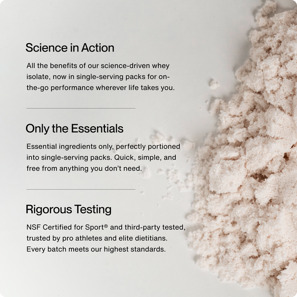Close-up of light pink whey protein isolate powder beside text describing science-driven formulation, essential ingredients, and rigorous third-party testing for Whey Protein Isolate 10-Travel Packs.