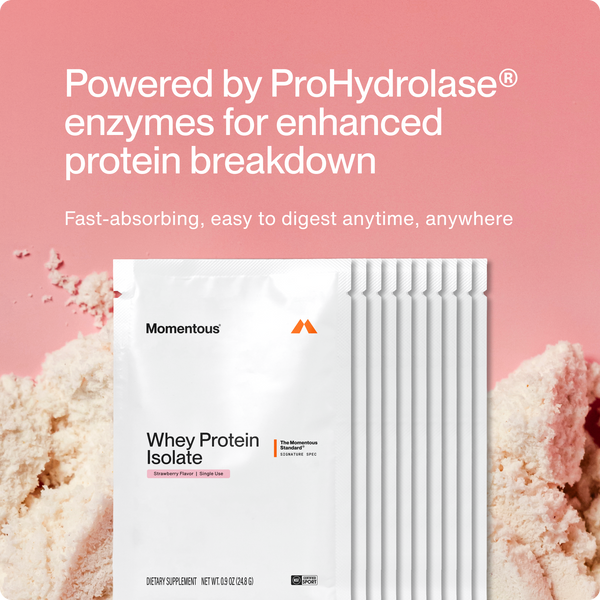 Whey Protein Isolate 10-Travel Packs shown as white single serve packets with protein powder and text about fast absorption and easy digestion