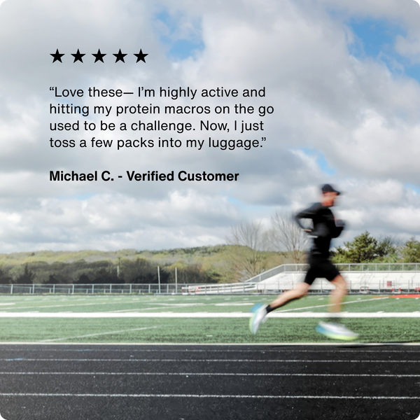 Whey Protein Isolate 10-Travel Packs customer testimonial with five stars and an active runner on a track sharing convenient travel pack use