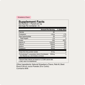 Supplement facts for Whey Protein Isolate 10-Travel Packs showing nutrition details including 90 calories, 20g protein, vitamins, minerals, and natural strawberry flavor ingredients.