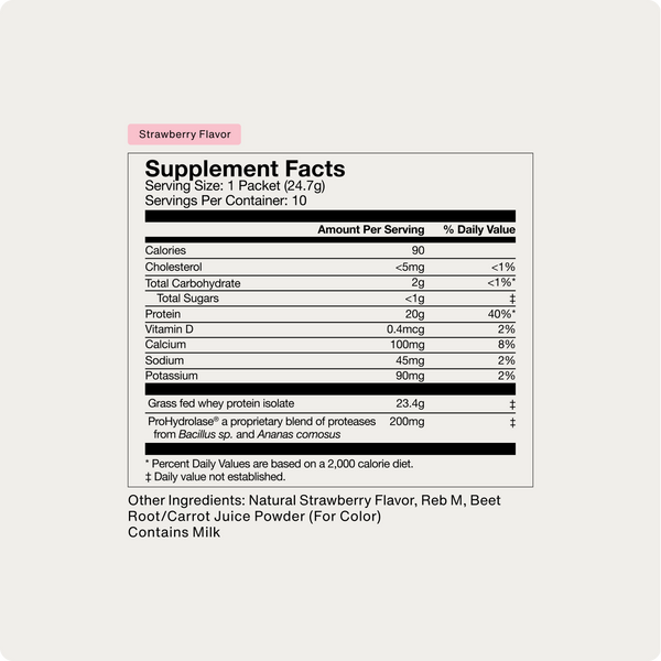 Supplement facts for Whey Protein Isolate 10-Travel Packs showing nutrition details including 90 calories, 20g protein, vitamins, minerals, and natural strawberry flavor ingredients.