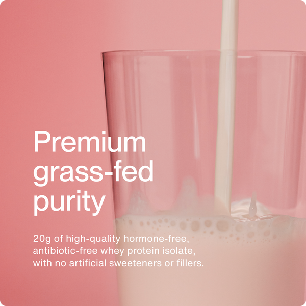 A clear glass filled with a creamy protein shake being poured, highlighting the premium grass-fed purity of Whey Protein Isolate 10-Travel Packs with no artificial sweeteners or fillers.