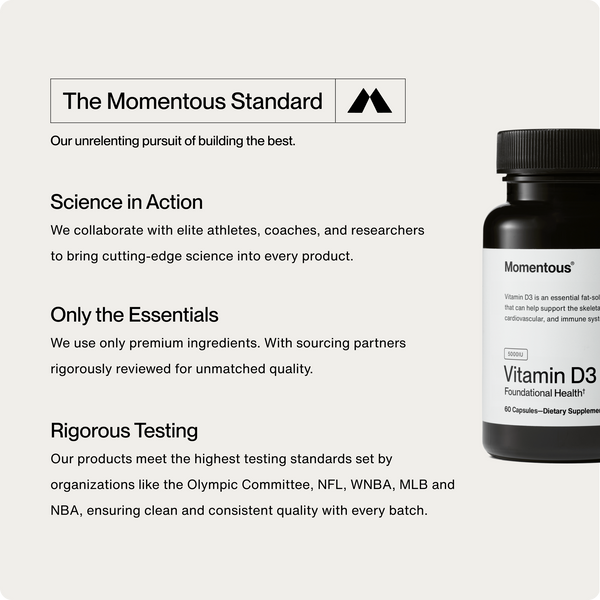 Close-up of a Momentous Vitamin D3 5000 IU bottle next to text outlining the brand’s commitment to premium ingredients, scientific collaboration, and rigorous testing for wellness supplements.