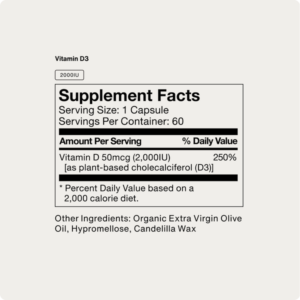 Supplement facts label for Vitamin D3 2000 IU showing serving size of one capsule, 60 servings per container, 50 mcg vitamin D3 providing 250 percent daily value, with organic extra virgin olive oil and natural ingredients.