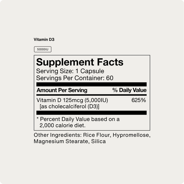 Vitamin D3 5000 IU supplement facts label showing one capsule per serving 60 servings vitamin D 125 mcg and 625 percent daily value